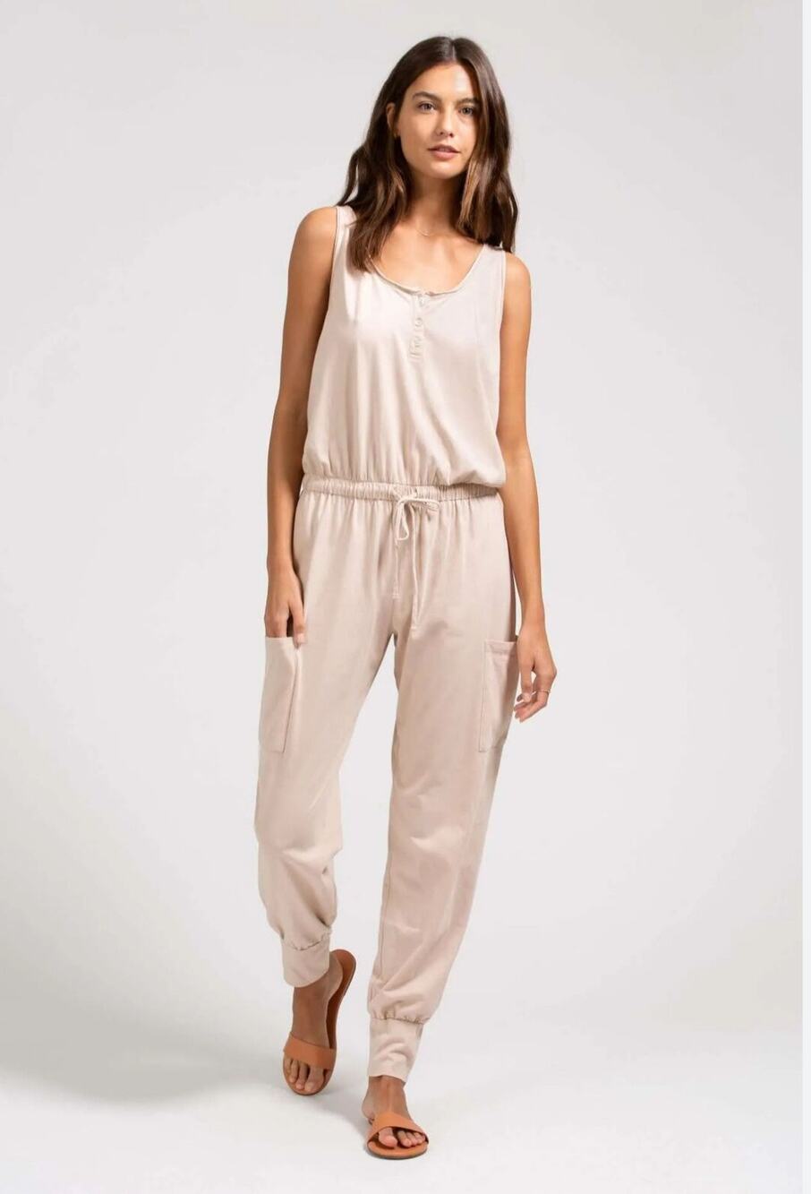 Eberjey WMNS Tan/Pink 100% Cotton Jumpsuit Sz S/P Button Up Stretchy Waist Scoop